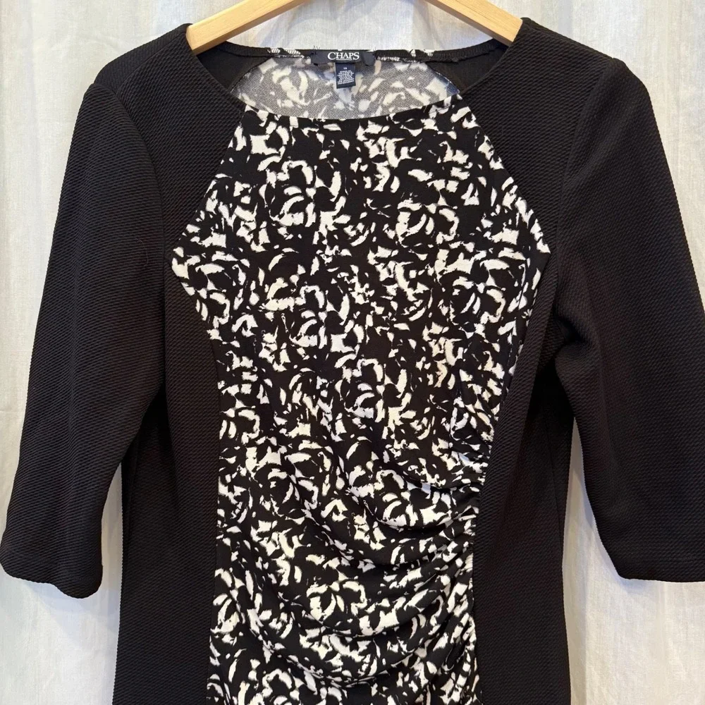 Chaps Women's Black White Abstract Print Ruched Sheath Dress Size 16‎